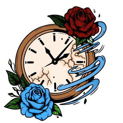 a realistic the clock that appears to be fading away with wilting roses