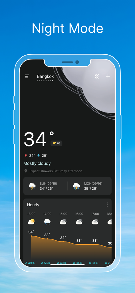 Weather Live & Local Forecast - Captura de tela do aplicativo Clima Ao Vivo e Previsão Local exibindo a interface do tema escuro do Modo Noturno para Bangkok.