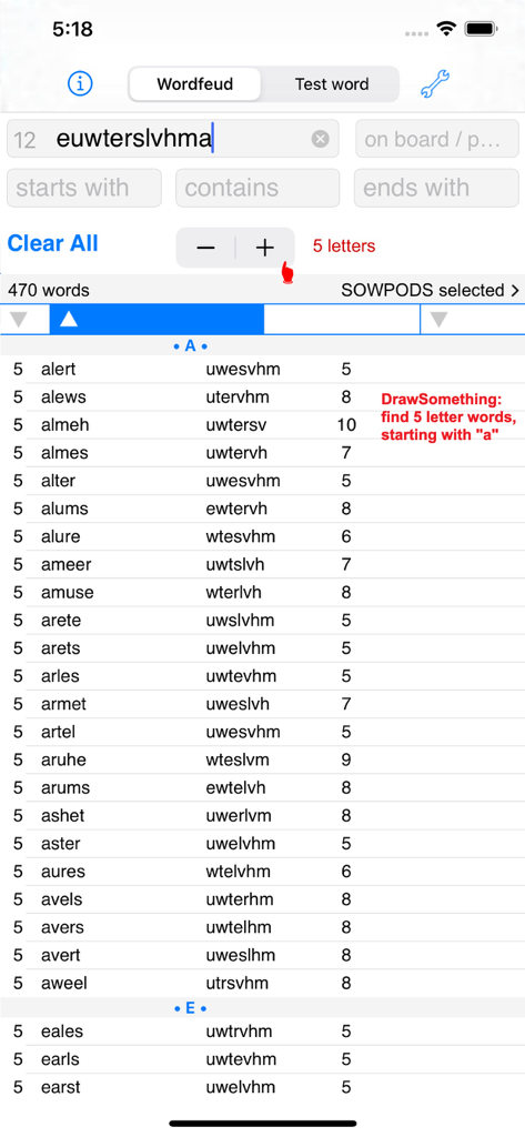 Words Finder Wordfeud/SOWPODS - Words Finder app interface showing search results for five letter words starting with a