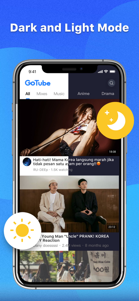 Gotube app interface split into dark and light modes on a mobile screen