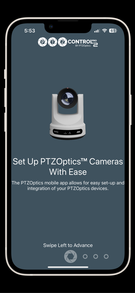 PTZControl Pro 2 by PTZOptics™ - PTZControl Pro 2 app screen for easy setup and integration of PTZOptics cameras