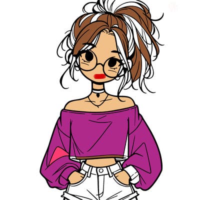 girl with a messy ponytail glasses a baggy crop top and jean shorts