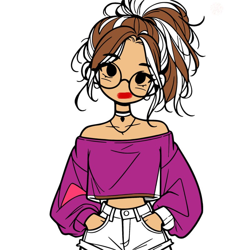 girl with a messy ponytail glasses a baggy crop top and jean shorts