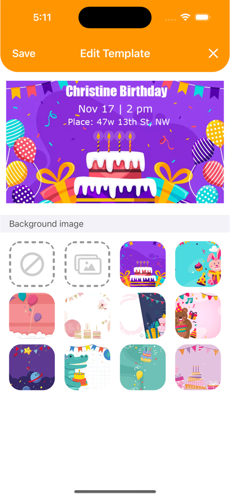 子供のパーティー用のさまざまな背景テーマを選択するオプションを備えた誕生日招待状エディターを示すモバイルアプリインターフェース