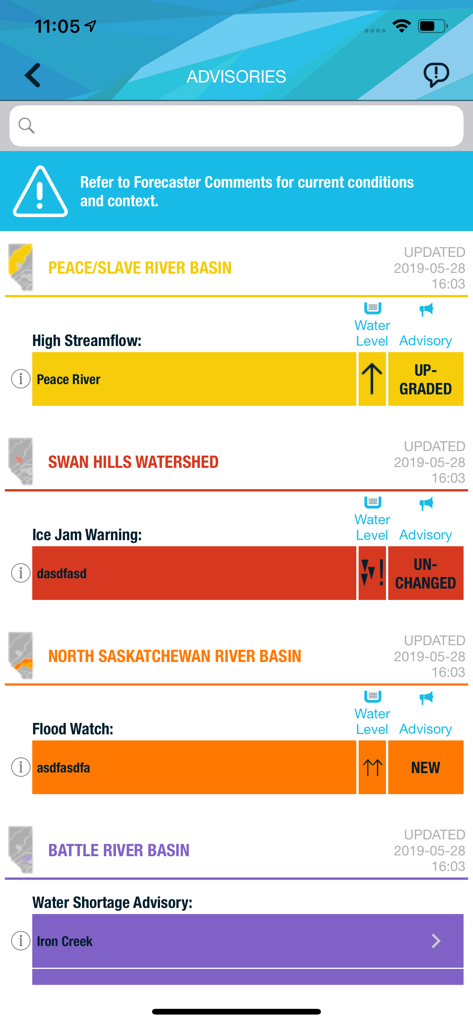 Alberta Rivers mobile app showing a list of current river basin advisories including high streamflow and flood watch alerts