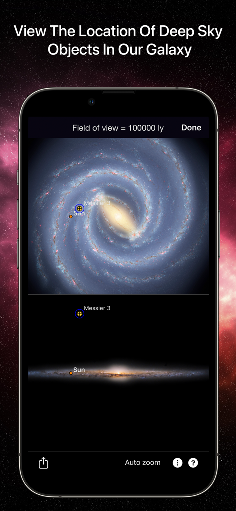 SkySafari 7 Pro - SkySafari 7 Pro app interface displaying a 3D spiral galaxy view with the positions of the Sun and Messier 3 labeled.