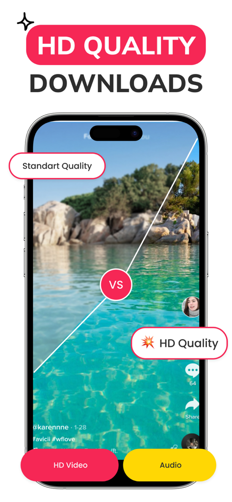 SSSTik Lite app interface showing a comparison between standard and HD video quality