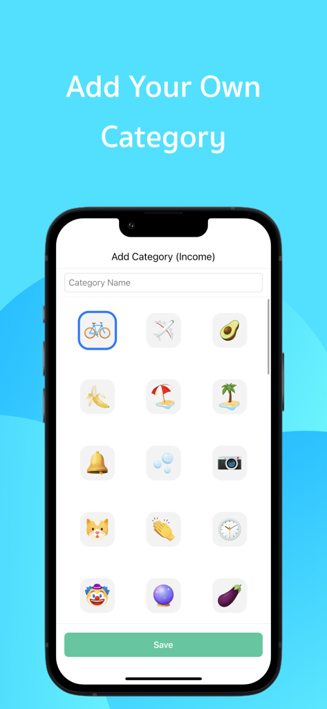 Interface of Money Tracking Lomaa app showing the screen to add a custom category with a grid of cute icons like a bicycle, avocado, and beach umbrella.
