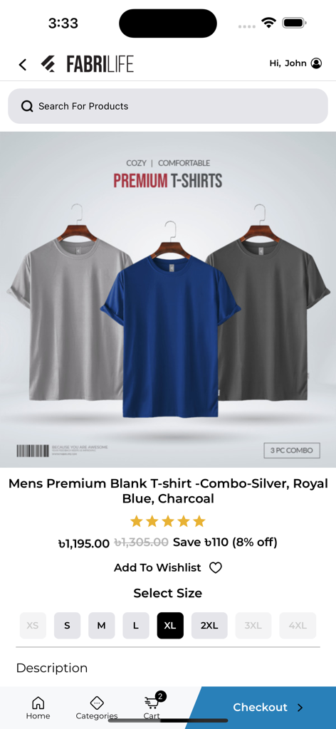 Fabrilife app showing a three pack of premium mens t-shirts in silver blue and charcoal