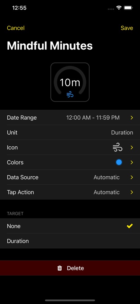 HealthFace - Interface for customizing a Mindful Minutes Apple Watch complication in the HealthFace app