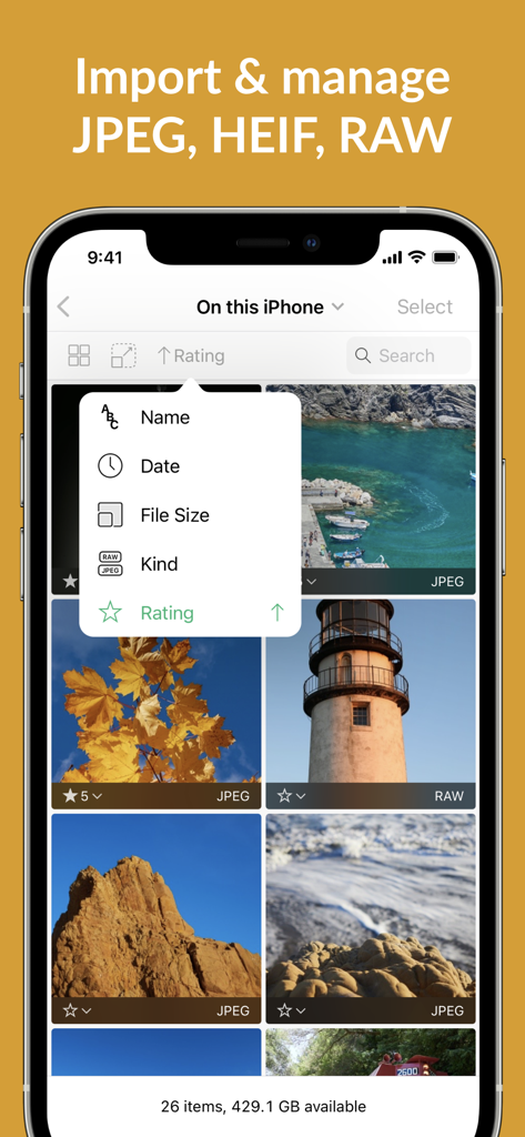 Cascable Studio: Tether & More - iPhone screenshot of Cascable Studio app showing a photo gallery with RAW and JPEG images and a sorting menu with options like date, file size, and rating.