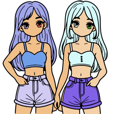 two sisters with crop tops and jean shorts and straight hair