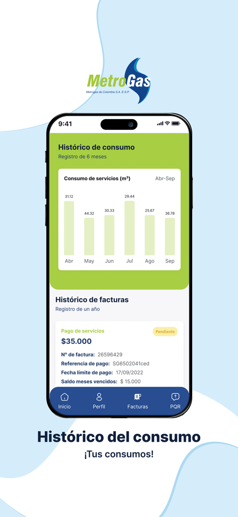 MetroApp - Écran mobile MetroApp montrant un graphique à barres de consommation de gaz sur 6 mois et les détails de l'historique de facturation