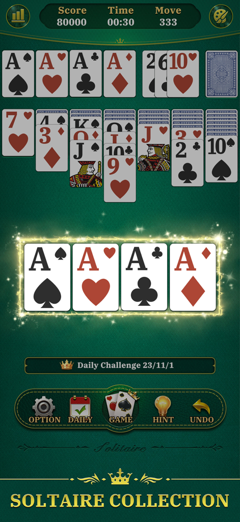 Gameplay screen of Deluxe Solitaire card game featuring four glowing aces on a classic green background.