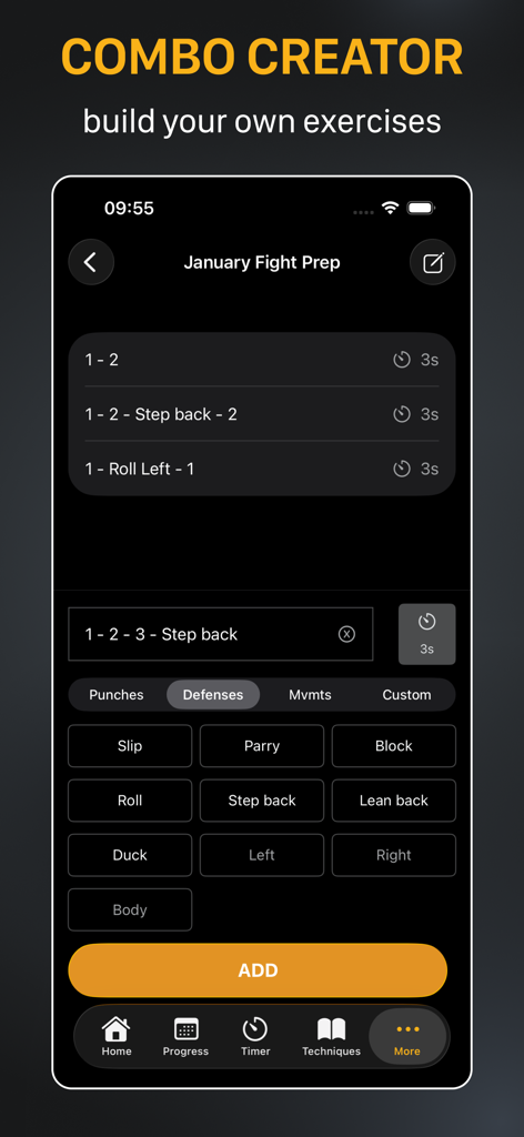 A screen showing how to create custom boxing combos and drills