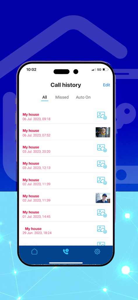 Fermax DuoxMe - Schermata della cronologia chiamate dell'app Fermax DuoxMe che mostra un registro di immagini dei visitatori e timestamp