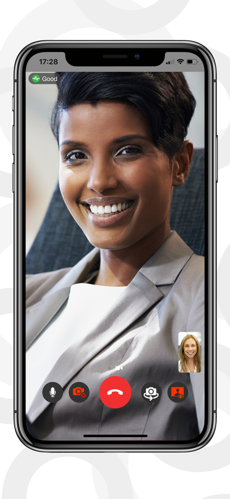 Bria Enterprise - Bria Enterprise app interface displaying a professional video call on a smartphone