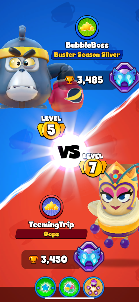 Real time PvP match screen in Bubble Busters showing two players about to compete in a bubble shooter battle