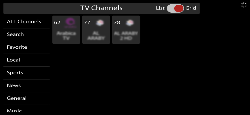 Libico - La interfaz de la aplicación Libico muestra un menú de categorías de canales de TV como Deportes y Noticias con una vista de cuadrícula de canales internacionales, incluidos Arabica TV y Al Araby.