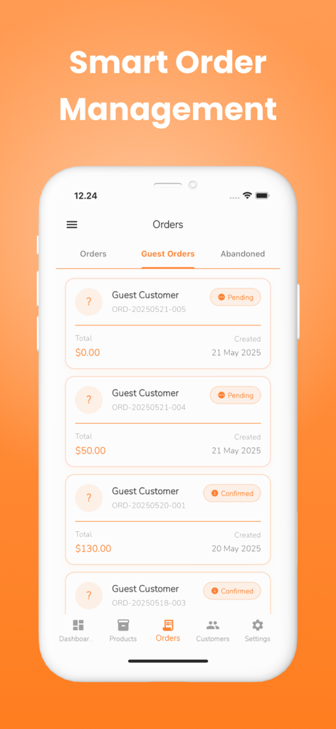 Rolly: Online Store Builder - Interface of the Rolly app showing guest order management with pending and confirmed statuses