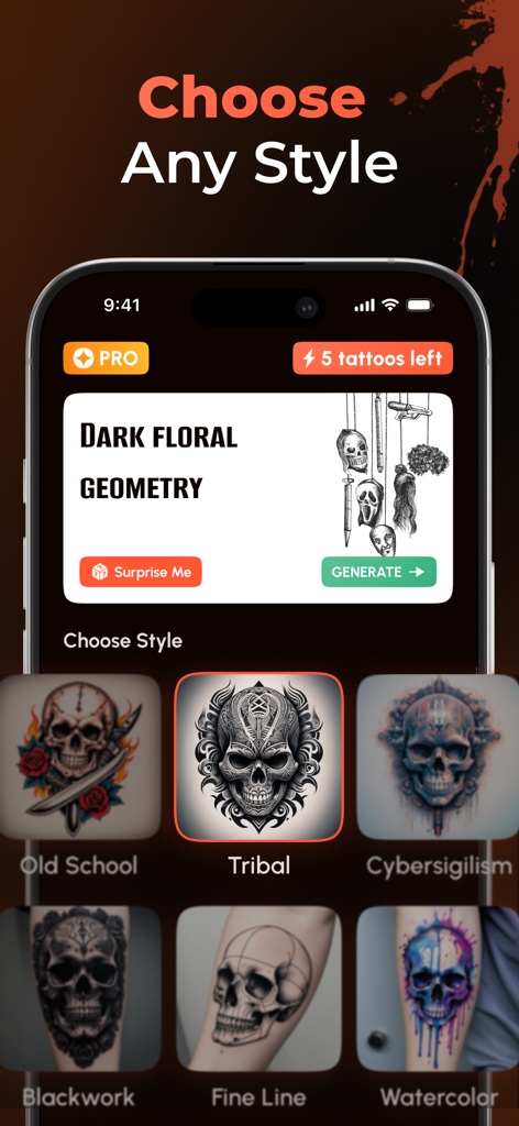 Aink - AI Tattoo Generator App - Interface of Aink AI Tattoo Generator app showing different tattoo styles including Tribal and Old School