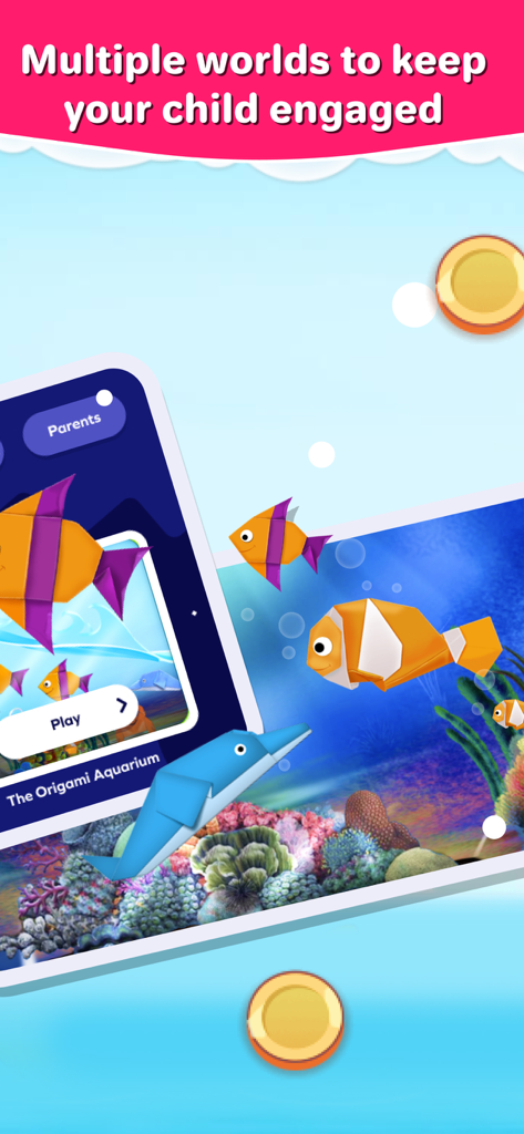 Virtual origami aquarium reward world in 1st grade learning app