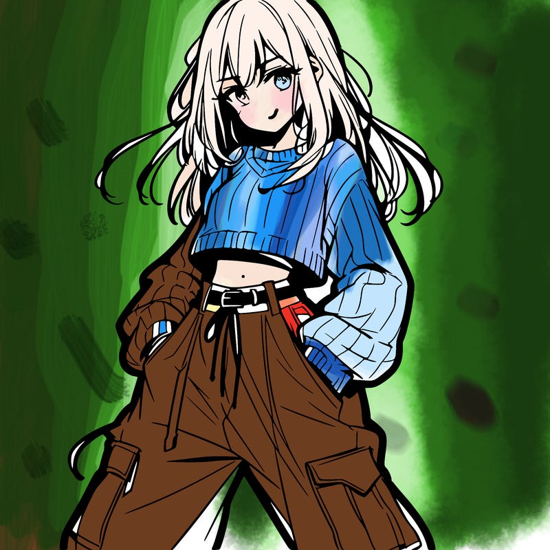 anime teen girl with baggy pants and crop top with sweater