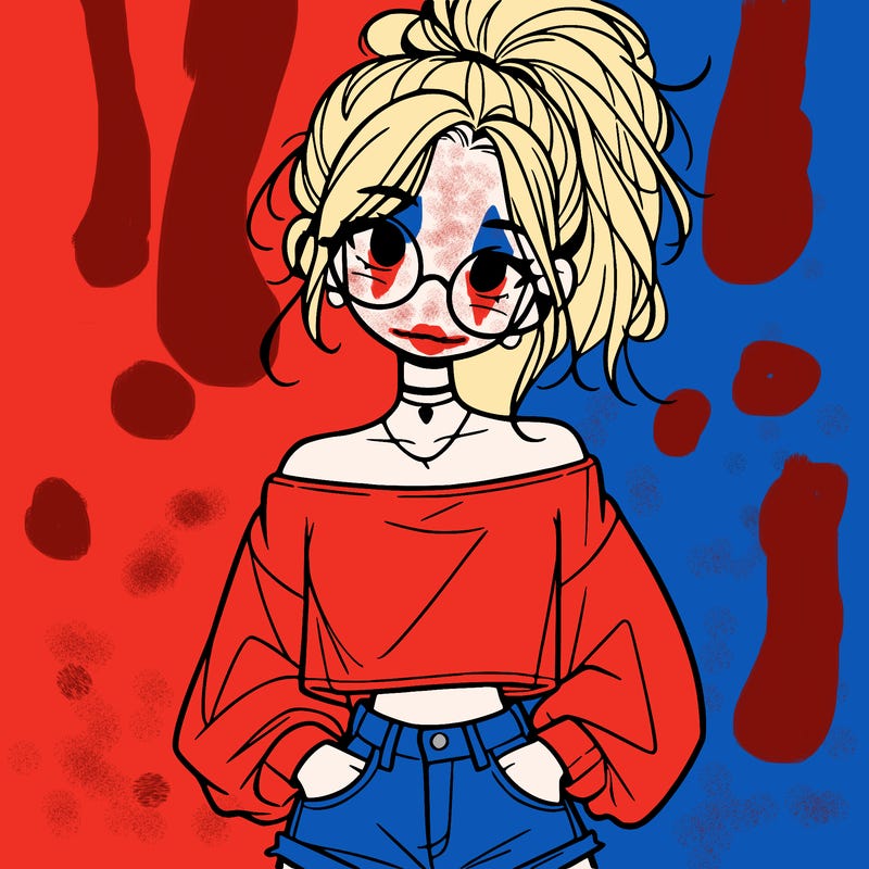 girl with a messy ponytail glasses a baggy crop top and jean shorts