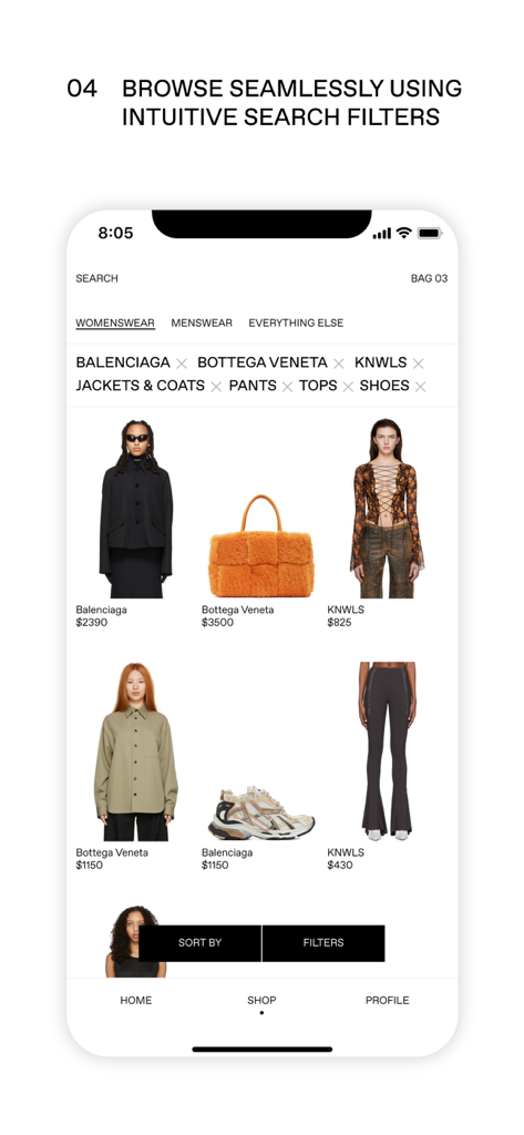 SSENSE app interface showing intuitive search filters and luxury fashion products