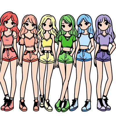 a group of girls wearing crop tops and shorts