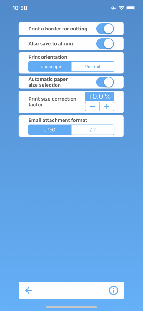 Settings screen for the Name Badge app showing print orientation and paper size options