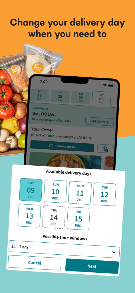 EveryPlate: Cooking Simplified - EveryPlate의 모바일 앱 화면에 식기 키트 배송일 및 시간대 선택 또는 변경을 위한 캘린더 인터페이스가 표시됨