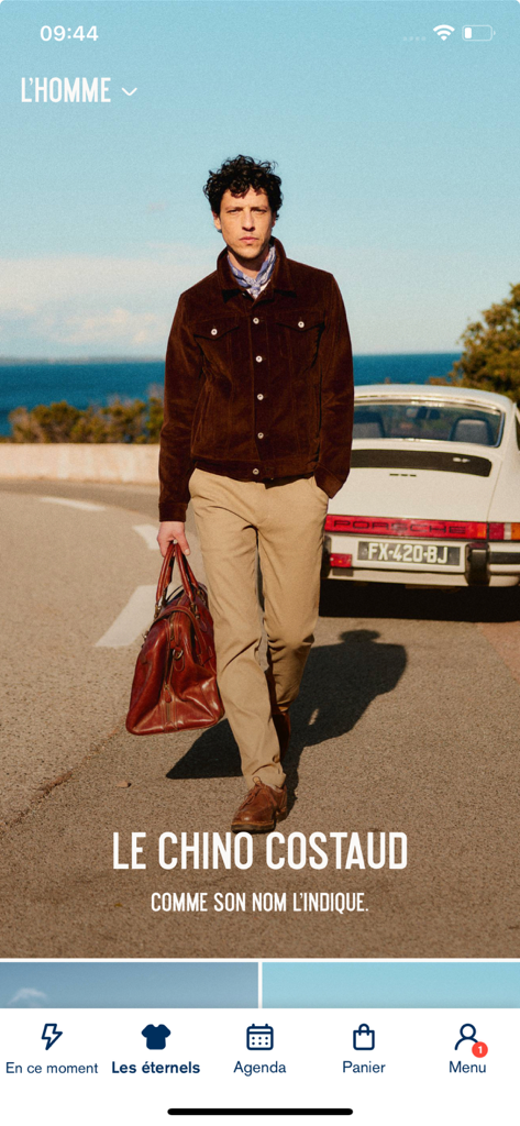 Asphalte - アスファルトアプリの画面。丈夫なチノパンに焦点を当てた、クラシックなメンズファッションを紹介しています。