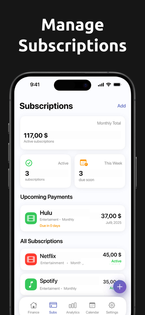 Bildschirm zur Abonnementverwaltung einer Finanz-App, der monatliche Kosten und bevorstehende Zahlungen für Netflix und Spotify anzeigt.