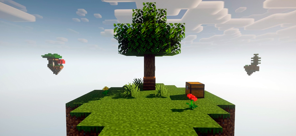 A floating Minecraft island with a single tree and a wooden chest in a skyblock map environment