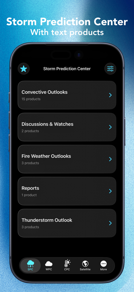 StormBase app screen showing the Storm Prediction Center menu with convective and fire weather outlooks