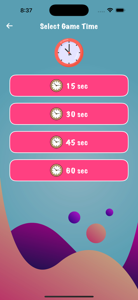 Robz - Select Game Time screen in the Robz app with options for 15, 30, 45, and 60 seconds