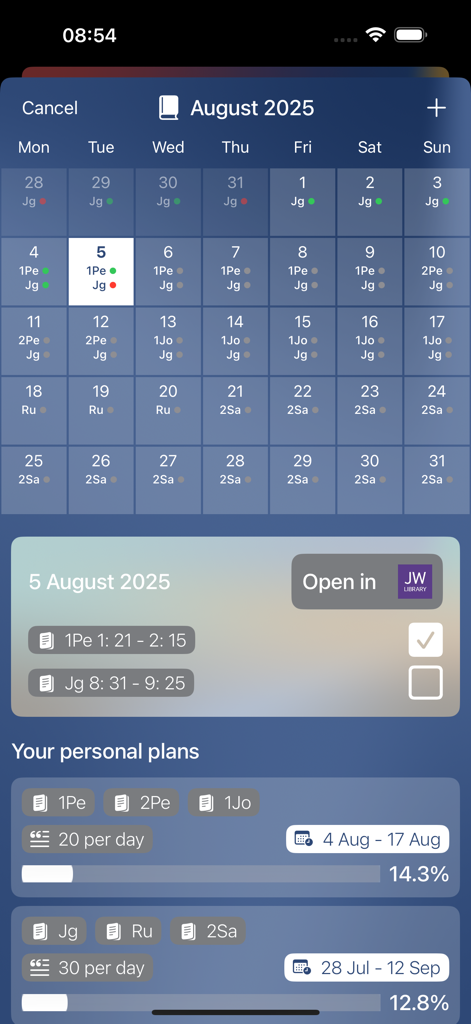 Monatskalender und Fortschrittsanzeige für persönliche Bibellesepläne in der JW Service App