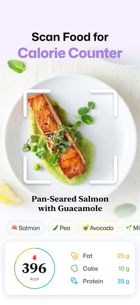 Well AI app interface for scanning food to calculate calories and macros for a salmon dish