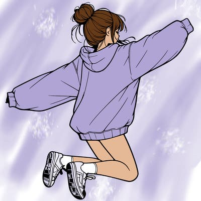 realistic girl jumping with a bun and oversized sweatshirt