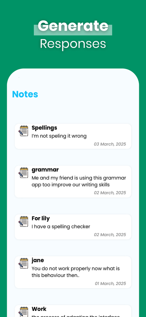 Grammar: Sentence Diagrammer - Notes section within the Grammar Sentence Diagrammer app showing a list of text drafts for professional communication.