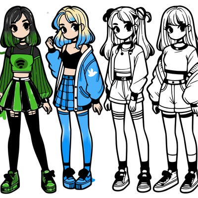 one girl with crop-top shirt and a jacket with a skirt, long socks and another girl with a shirt and pants with a jacket