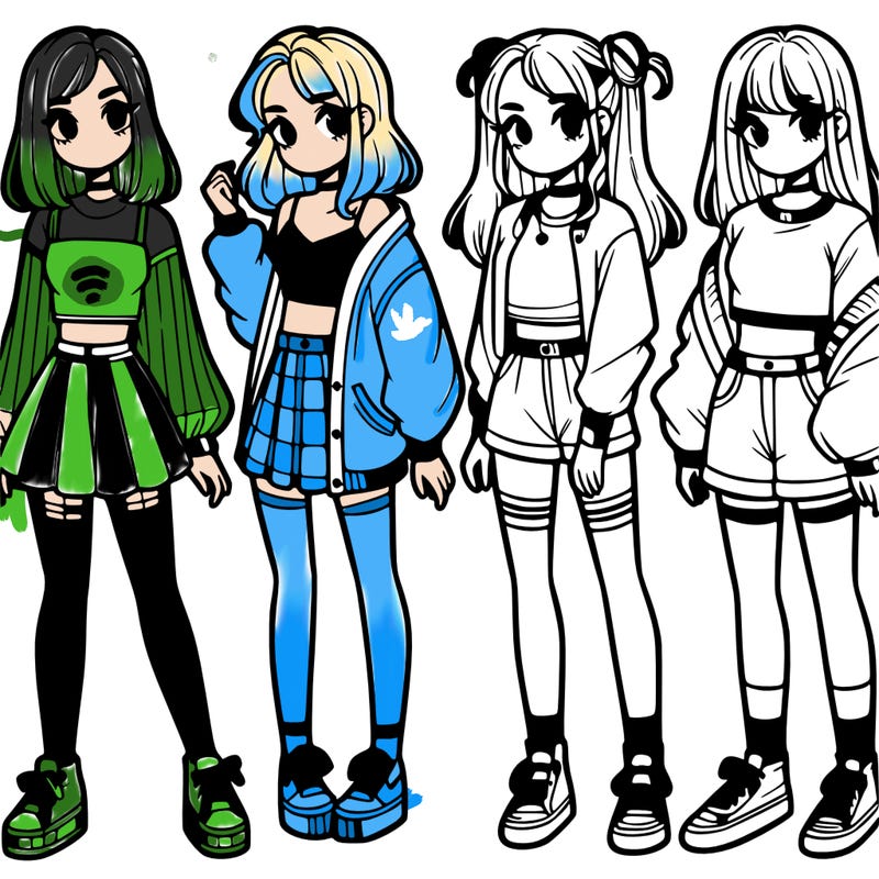 one girl with crop-top shirt and a jacket with a skirt, long socks and another girl with a shirt and pants with a jacket