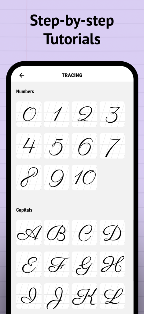 Screenshot dell'app Pratica Calligrafia che mostra tutorial di tracciamento per numeri e lettere maiuscole corsive.