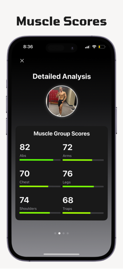 BodyScore app screen showing detailed AI muscle group scores for abs arms chest legs shoulders and traps