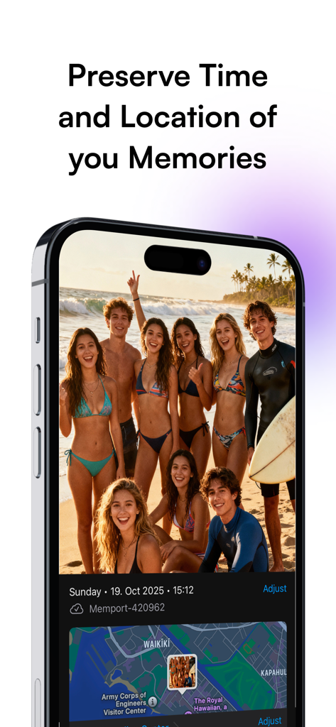 Memport - Save Your Memories - iPhone screen showing a beach photo with restored original date and map location metadata