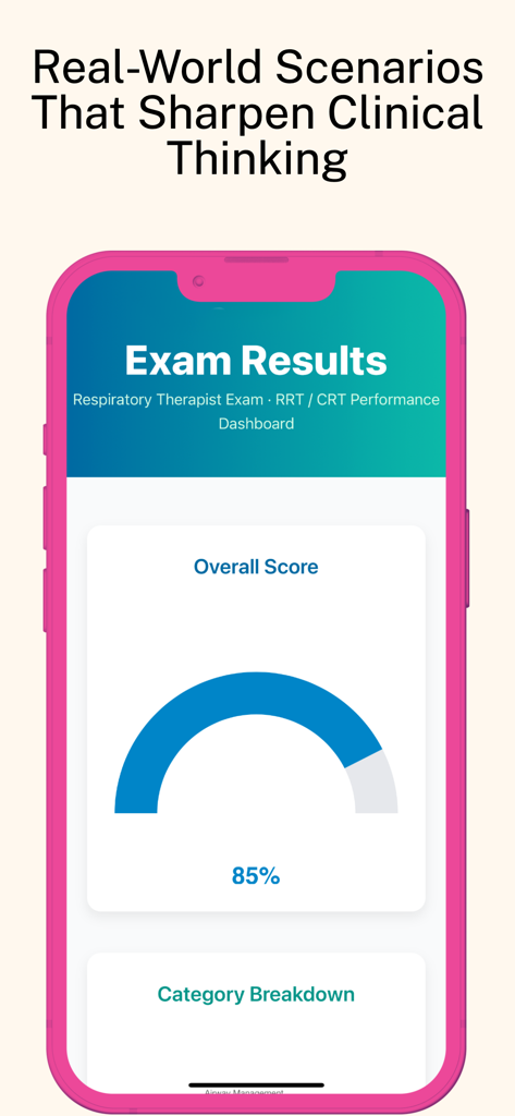 RRT/CRT: Respiratory Mastery - Exam results dashboard showing an overall score of 85 percent in the Respiratory Mastery app