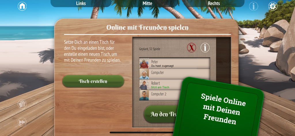 Schafkopf - Interfaz de la aplicación Schafkopf para jugar partidas en línea con amigos.