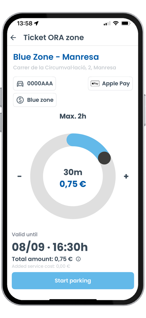 Aparca Manresa - Aparca Manresa mobile app screen showing a parking ticket selection for the blue zone with Apple Pay payment option.