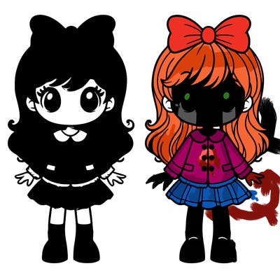 orange hair girl with buttoned shirt and skirt eyes and a bow kid